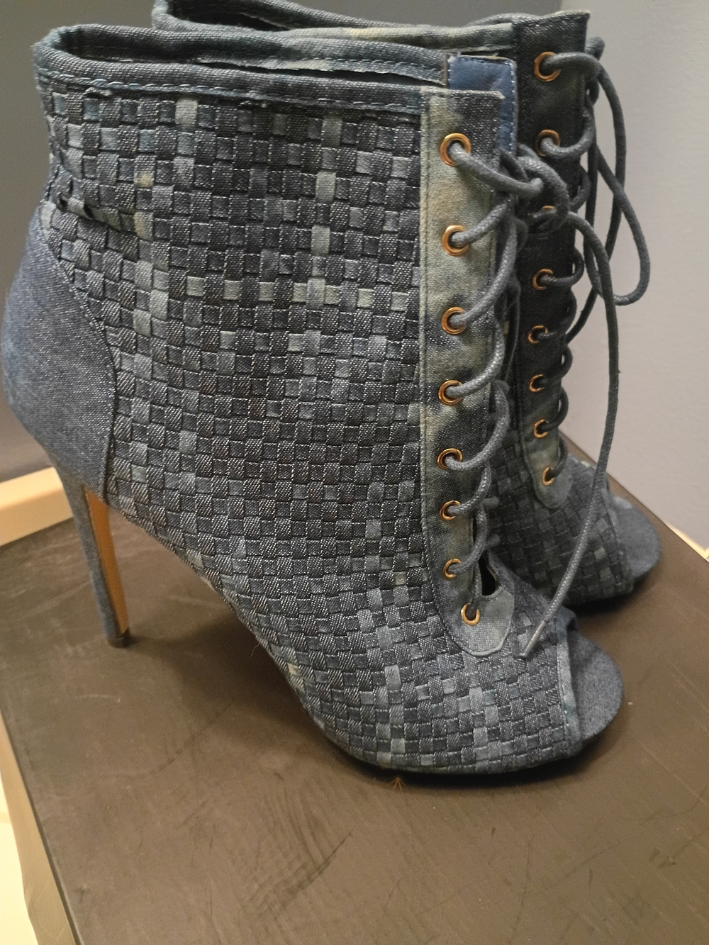 Woven Lace-Up Peep-Toe Ankle Heels in Denim Blue
